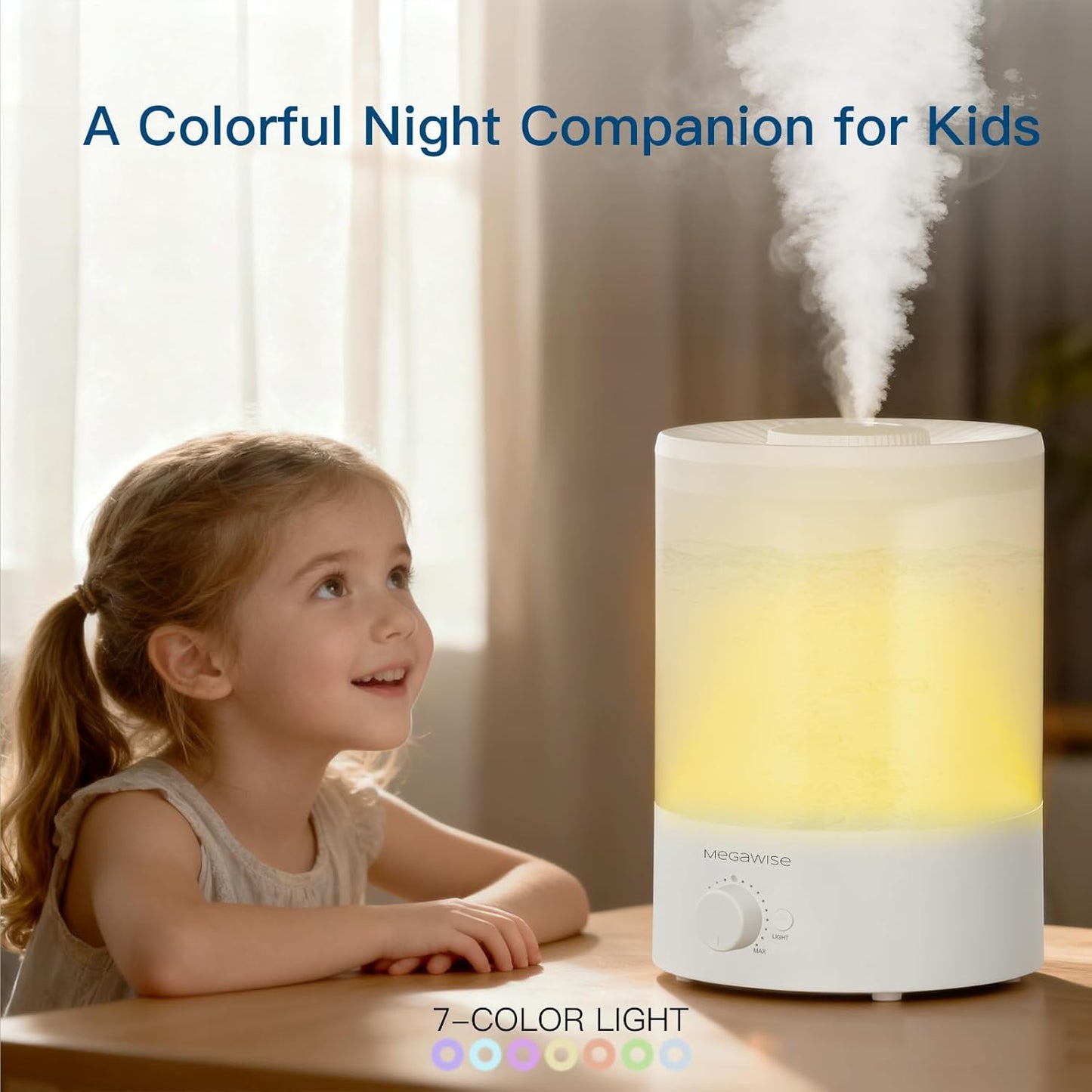 MegaWise Healthy Top-Refill Cool Mist Humidifiers for Bedroom, 24dB Ultrasonic Air Vaporizer with Water Filter for Baby [PP Material], Colorful Night Light,1 Gal Essential Oil Diffuser, Auto Shut Off