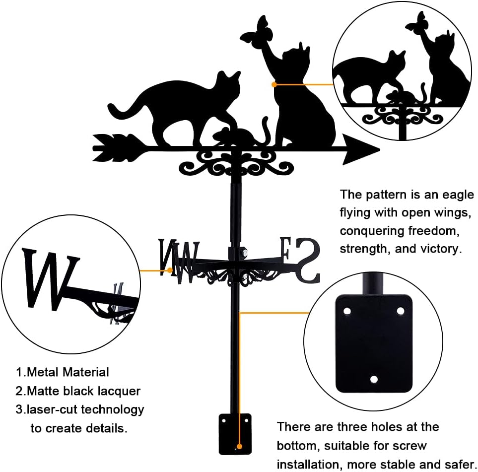 SUPERDANT Cats Weathervane Cat Chases Mouse Weather Vane for Yard Butterfly Metal Wind Vanes Roof Mount for Outside Garden Black Weathervanes Farmhouse Farm Barn Sheds Patio Outdoor Decorations Gifts