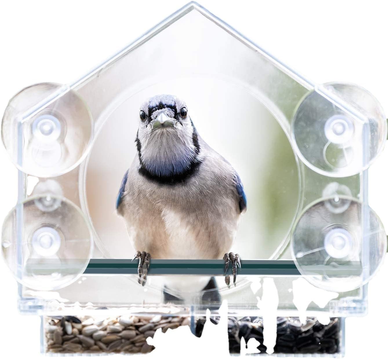 Clear View Window Bird Feeder with Strong Suction Cups, Acrylic Transparent Outdoor Wild Bird Seed Feeder and Décor, 2 Cup Capacity, Clear