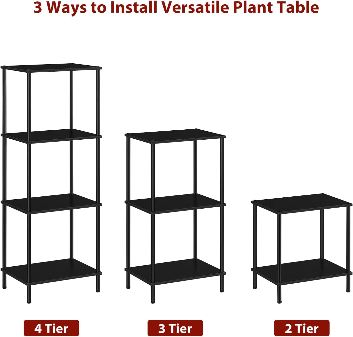 Narrow End Table Tall Black Side Table 4 Tier Wooden Metal Modern Plant Flower Display Stand Rack with Storage for Living Room Bedroom Bathroom