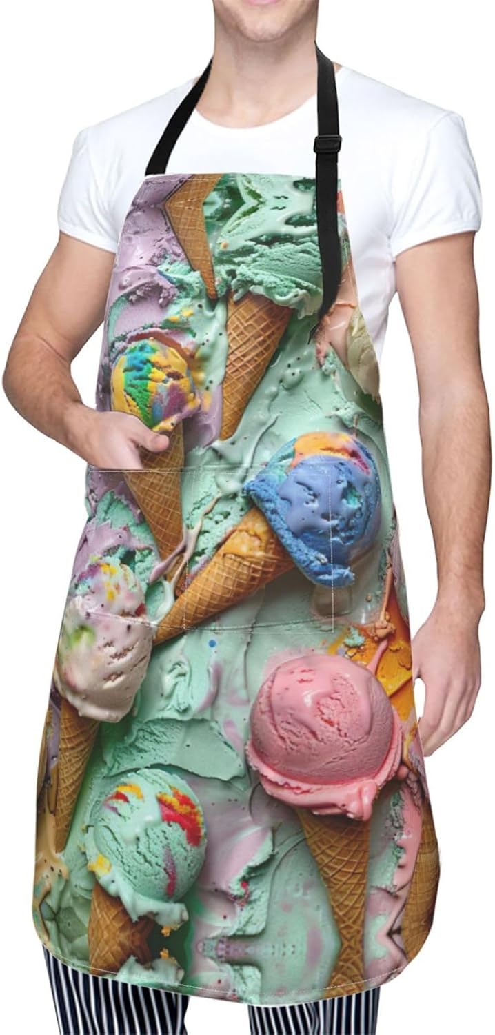 Many colored ice cream print Waterproof chef's apron with pocket apron for kitchen cooking baking barbecue and gardening