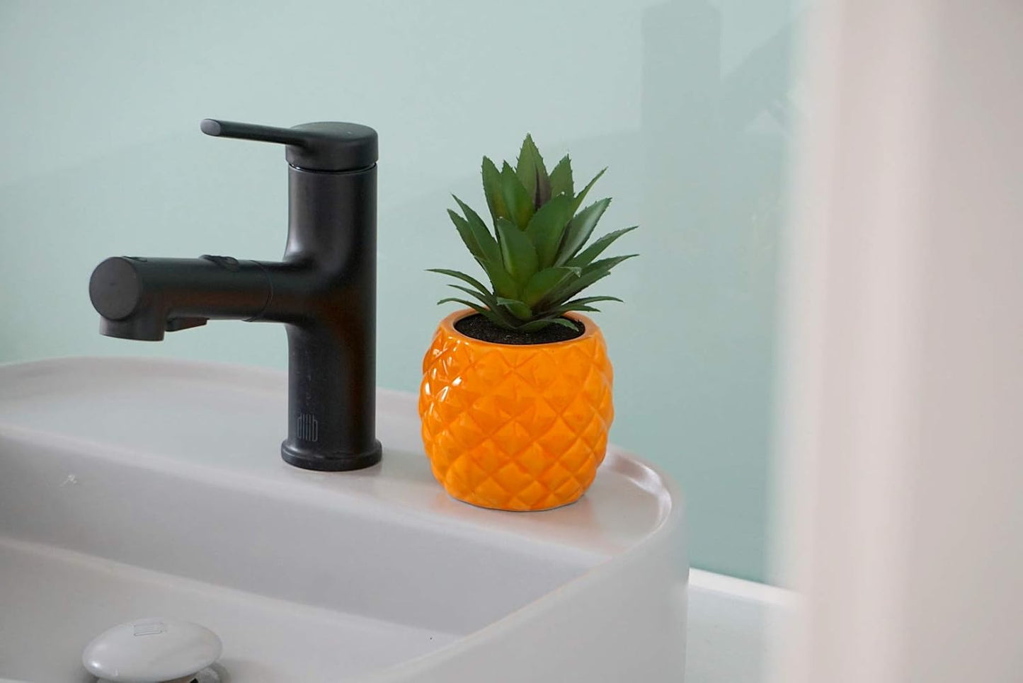 Porcelain Orange Pineapple Ananas Faux Green Plant Potted Artificial Succulent 7.8" Home Office Bathroom Tabletop Kitchen Shelf Decoration