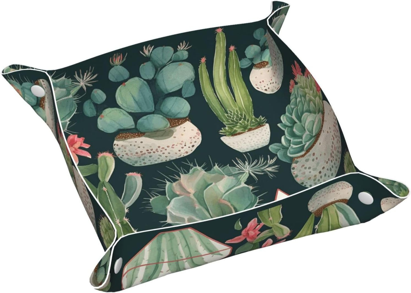 PU Leather Jewelry Valet Tray for Men Women, Elegant Desktop Storage Organizer, Portable Travel Storage Dish Plate Succulent Plants and Cactus Nightstand Storage Box for Key Phone Wallet Medium