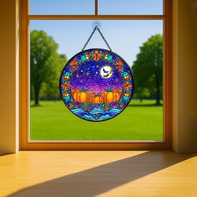 Halloween Pumpkins Bats Stained Glass Window Hanging - Sun Catchers In