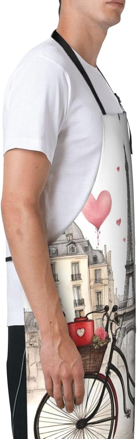 Love Paris Tower Coffee Wine Perfume Bicycle Heart print Waterproof chef's apron with pocket apron for kitchen cooking baking barbecue and gardening