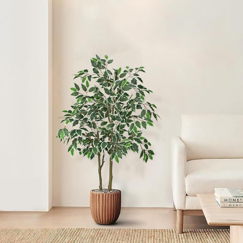 2 Pack Artificial Ficus Tree 4ft Silk Fake Ficus Leaves Plant 120cm Potted Faux Ficus Tree with Decorative Moss Dual Trunks Indoor Outdoor Big Fake Plants with Pot for Home Garden Office Livingroom