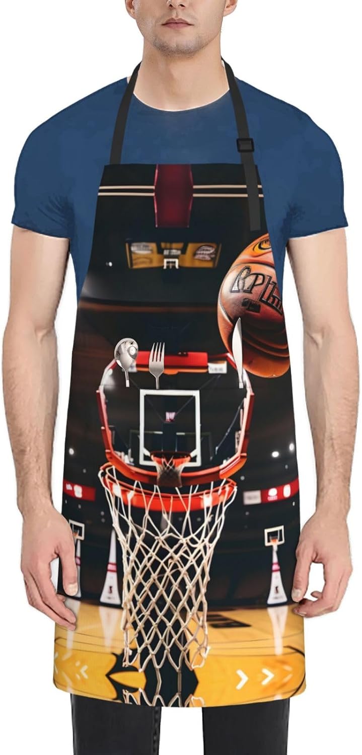 Basketball Print 28x33 In Adult Kitchen Apron with Pockets Versatile Chef Smock for Cooking Baking