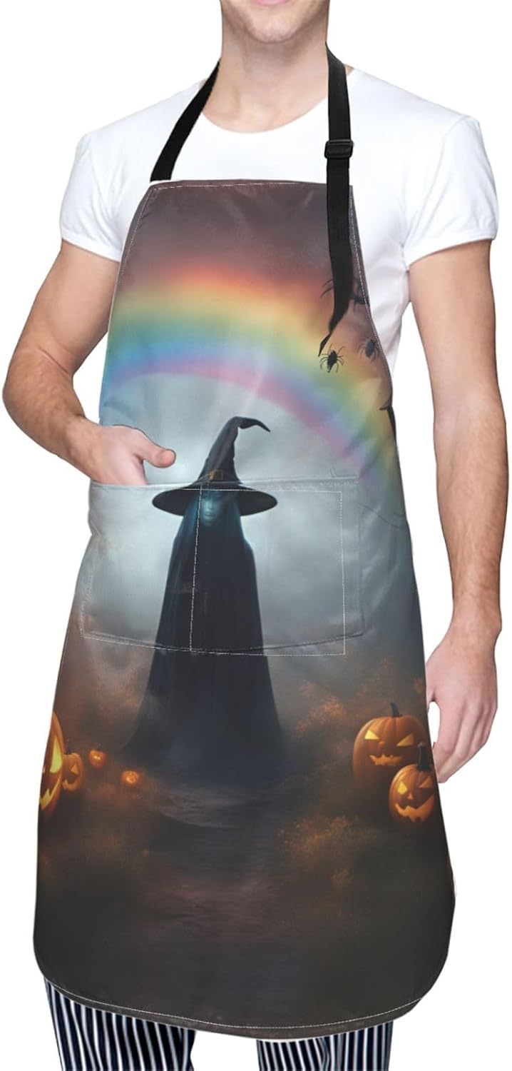Rainbow Halloween Ghost Witch Hat Spiders print Waterproof chef's apron with pocket apron for kitchen cooking baking barbecue and gardening