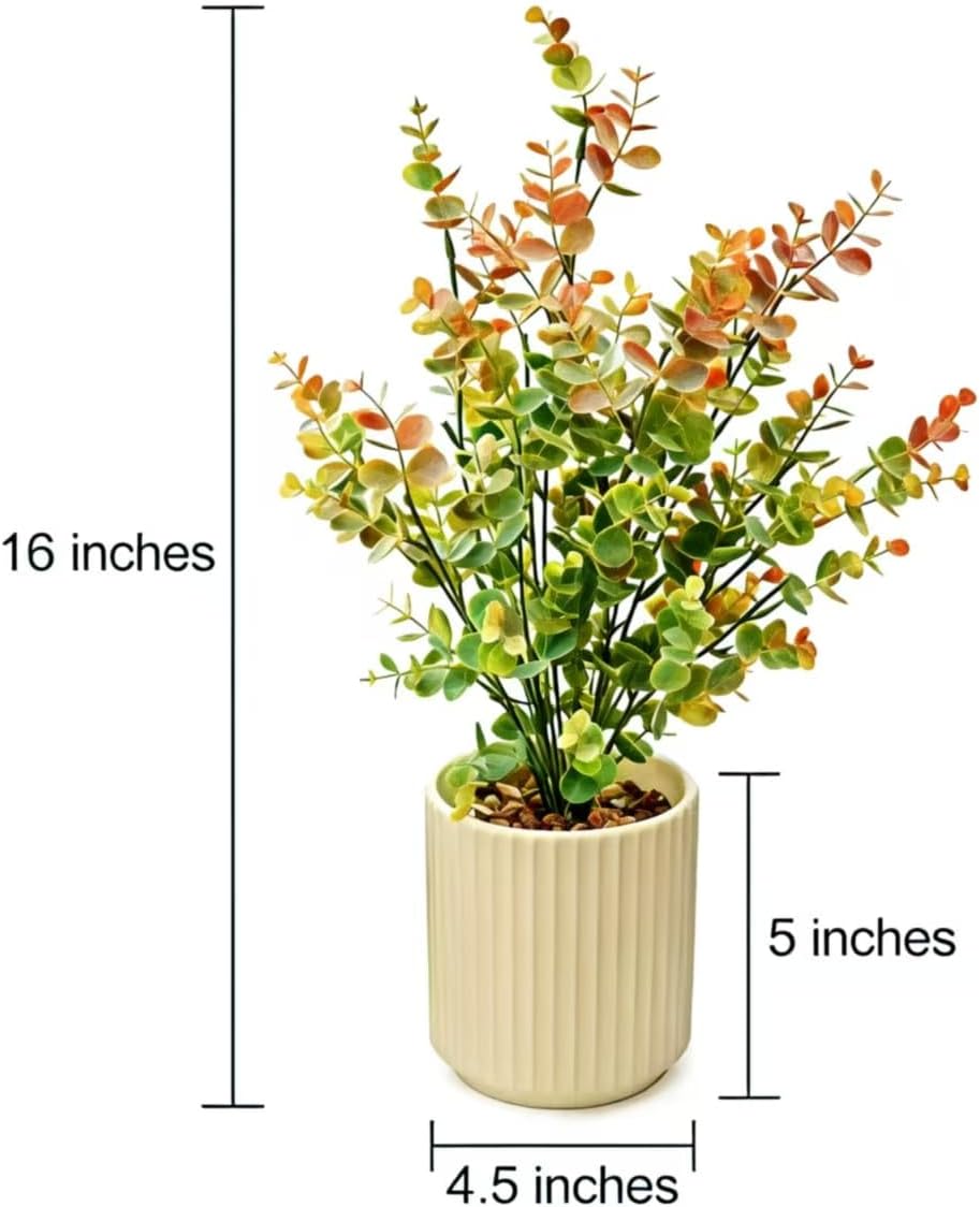 16.5" Artificial Eucalyptus Plant in Beige Ribbed Ceramic Pot Autumn Green and Orange Faux Potted Plant for Home Office Living Room Shelf Table Decor No Watering Needed