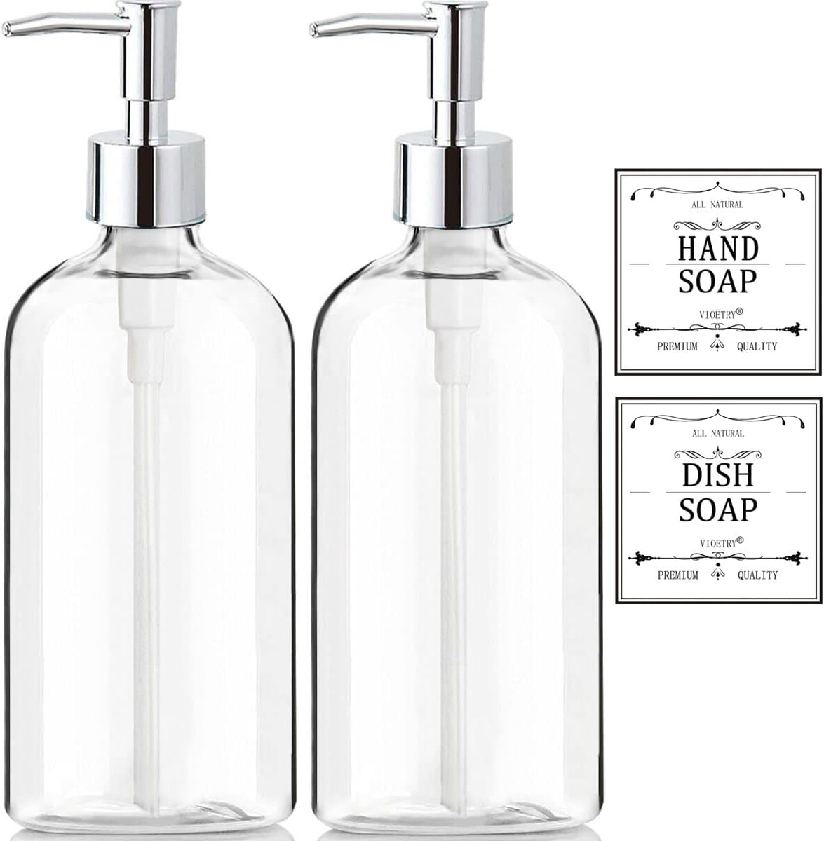 Clear Soap Dispenser with Rust Proof Pump, Waterproof Labels (2 Pack,1