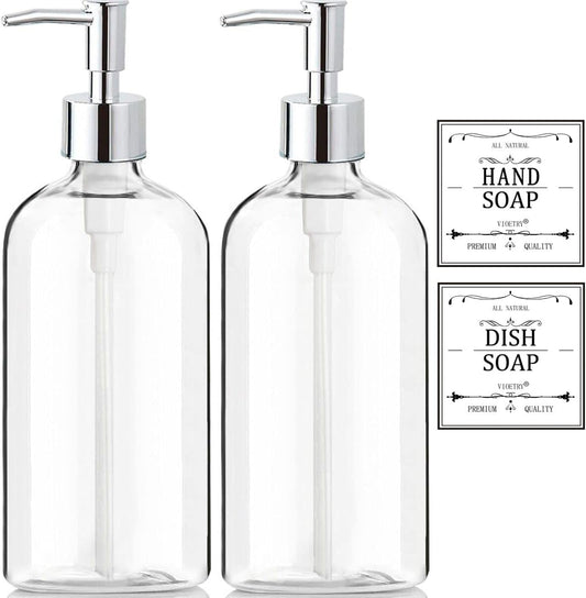 Clear Soap Dispenser with Rust Proof Pump, Waterproof Labels (2 Pack,1