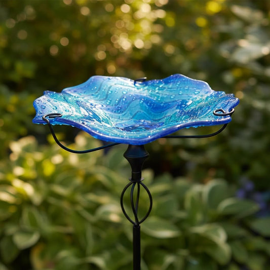 HONGLAND Bird Baths for Outside,11" Small Blue Glass Birdbaths Outdoor
