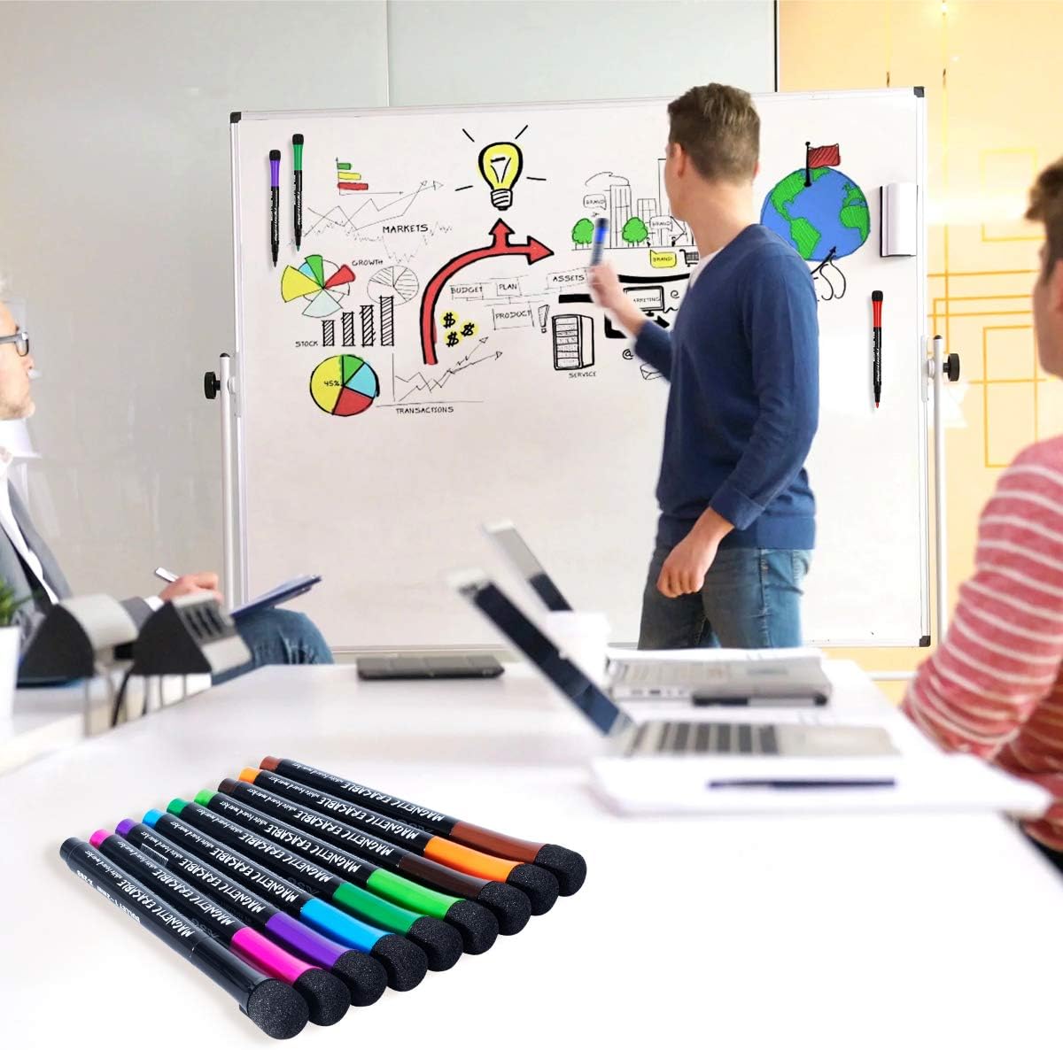 Magnetic Dry Erase Markers Fine: 12 Colors Erasable Whiteboard Markers