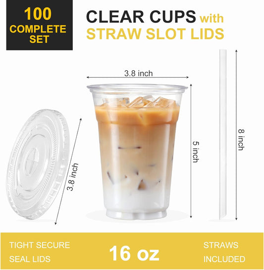 VITEVER [100 Sets - 16oz] Clear Plastic Cups with Lids and Straws, Dis