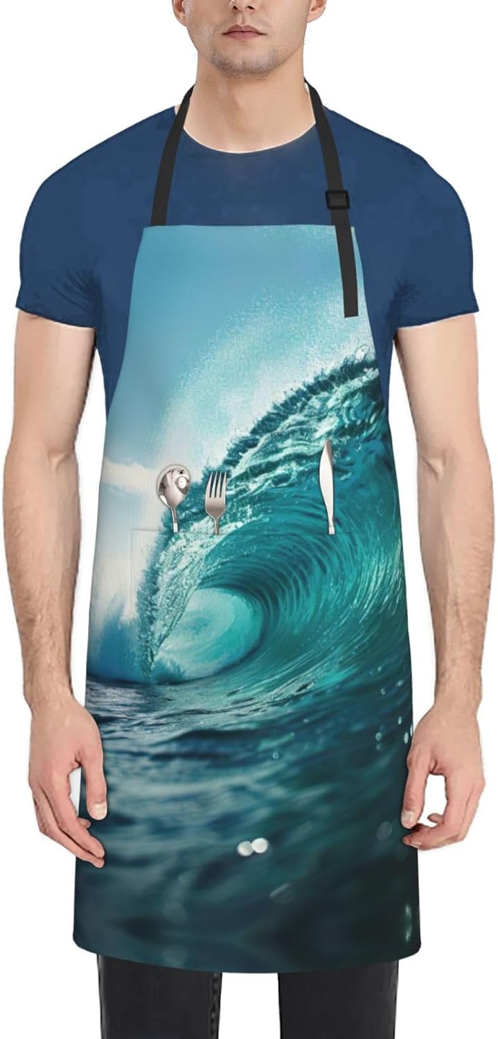 Ocean Green Wave Surf print Waterproof chef's apron with pocket apron for kitchen cooking baking barbecue and gardening