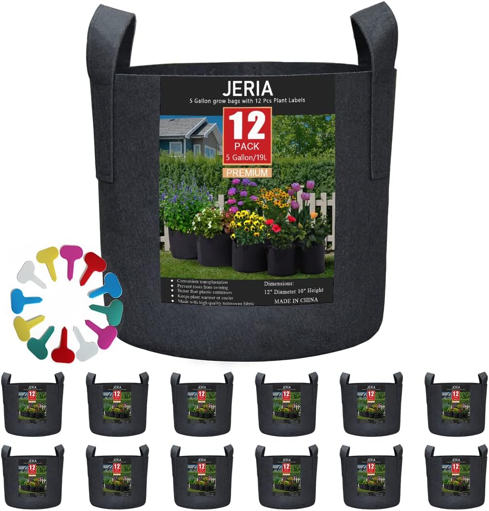 JERIA 12-Pack 5 Gallon Grow Bags, 300G Thickened Nonwoven Garden Pots,