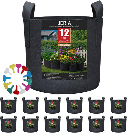 JERIA 12-Pack 5 Gallon Grow Bags, 300G Thickened Nonwoven Garden Pots,