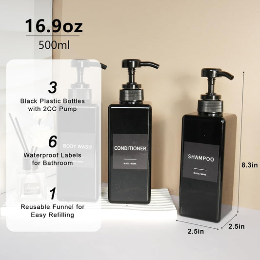 Shampoo and Conditioner Dispenser, Refillable Plastic Shampoo Pump Bottles with Waterproof Labels, Empty Body Wash Dispenser Set for Bathroom, Shower Soap Bottles (Black, Set of 3, 16.9oz)
