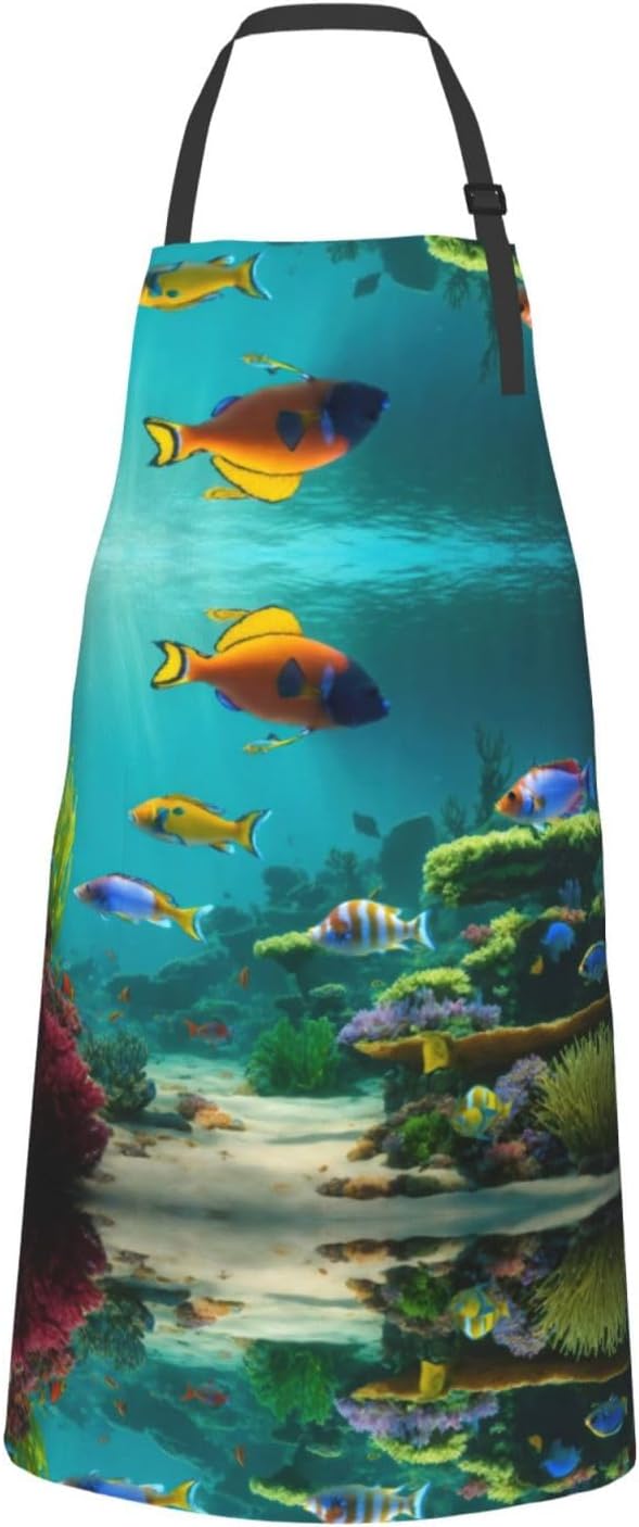 Cute Blue Fish Print Laundry apron 28x33 In Waterproof Kitchen Apron with Pockets for Cooking Baking