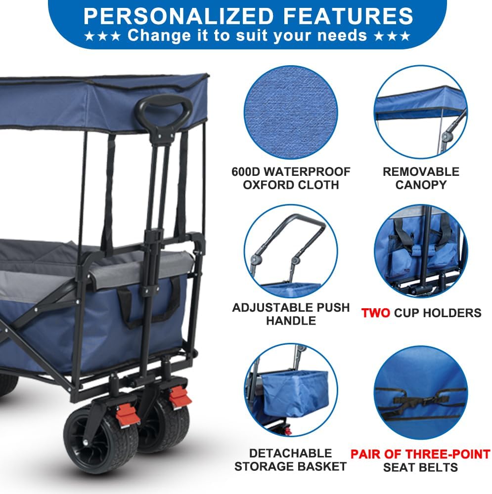 SKYMANOR Collapsible Wagon with Removable Canopy, 3-in-1 Heavy Duty Ga