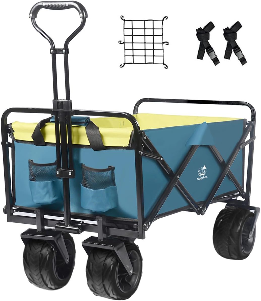 Collapsible Heavy Duty Beach Wagon Cart Outdoor Folding Utility Camping Garden Beach Cart with Universal Wheels Adjustable Handle Shopping (Green＆Blue)