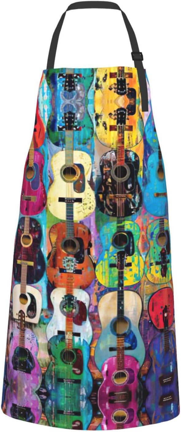 Color Acoustic and Guitars print Waterproof chef's apron with pocket a