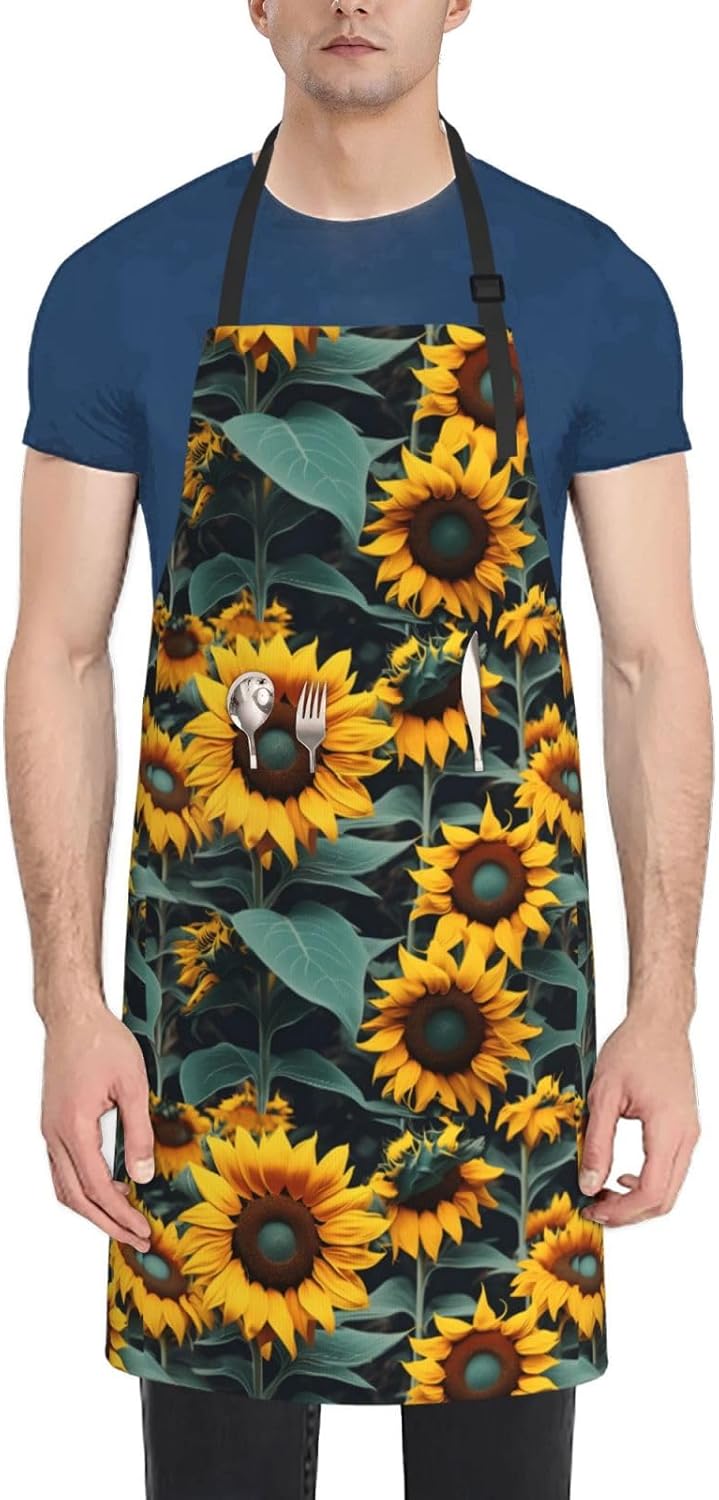 YANYU Wild Flower Sunflowers Print 28x33 In Kitchen Apron Stylish Chef Apron with Pockets for Cooking Baking Painting
