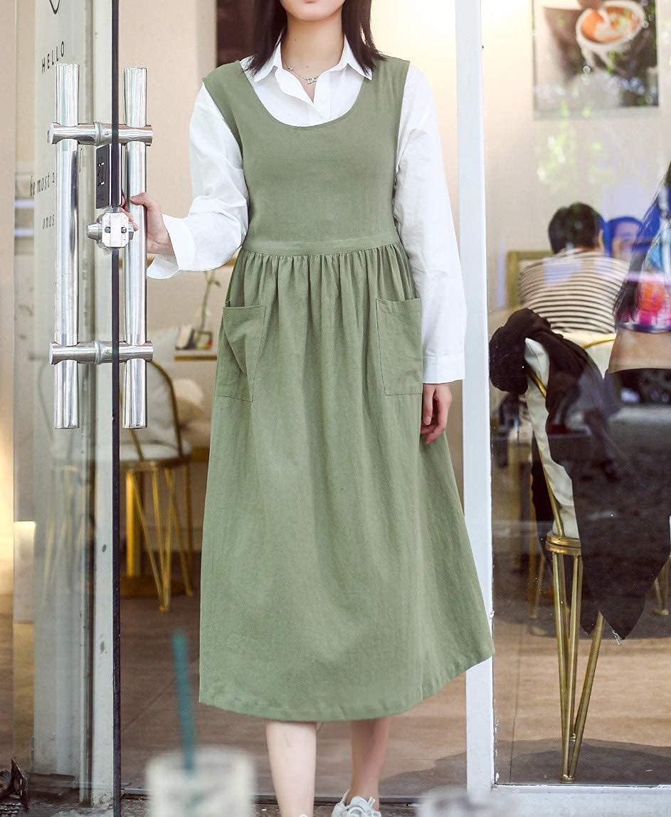 Women Plus Size Cotton Linen Vintage Pleated Split Apron Pinafore Dres
