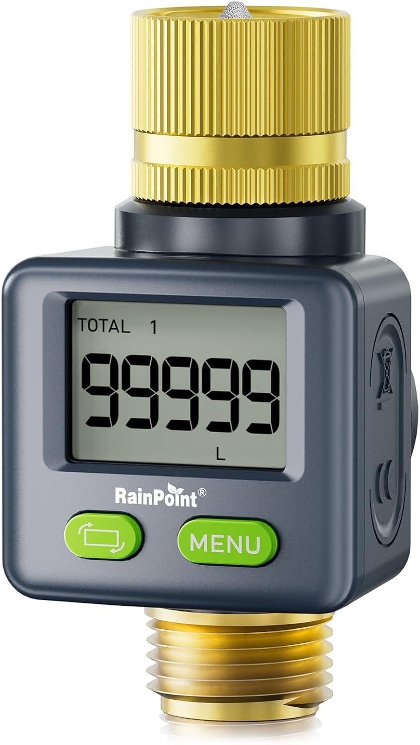 RAINPOINT Water Flow Meter with Brass Inlet & Outlet, 180° Screen-Flip
