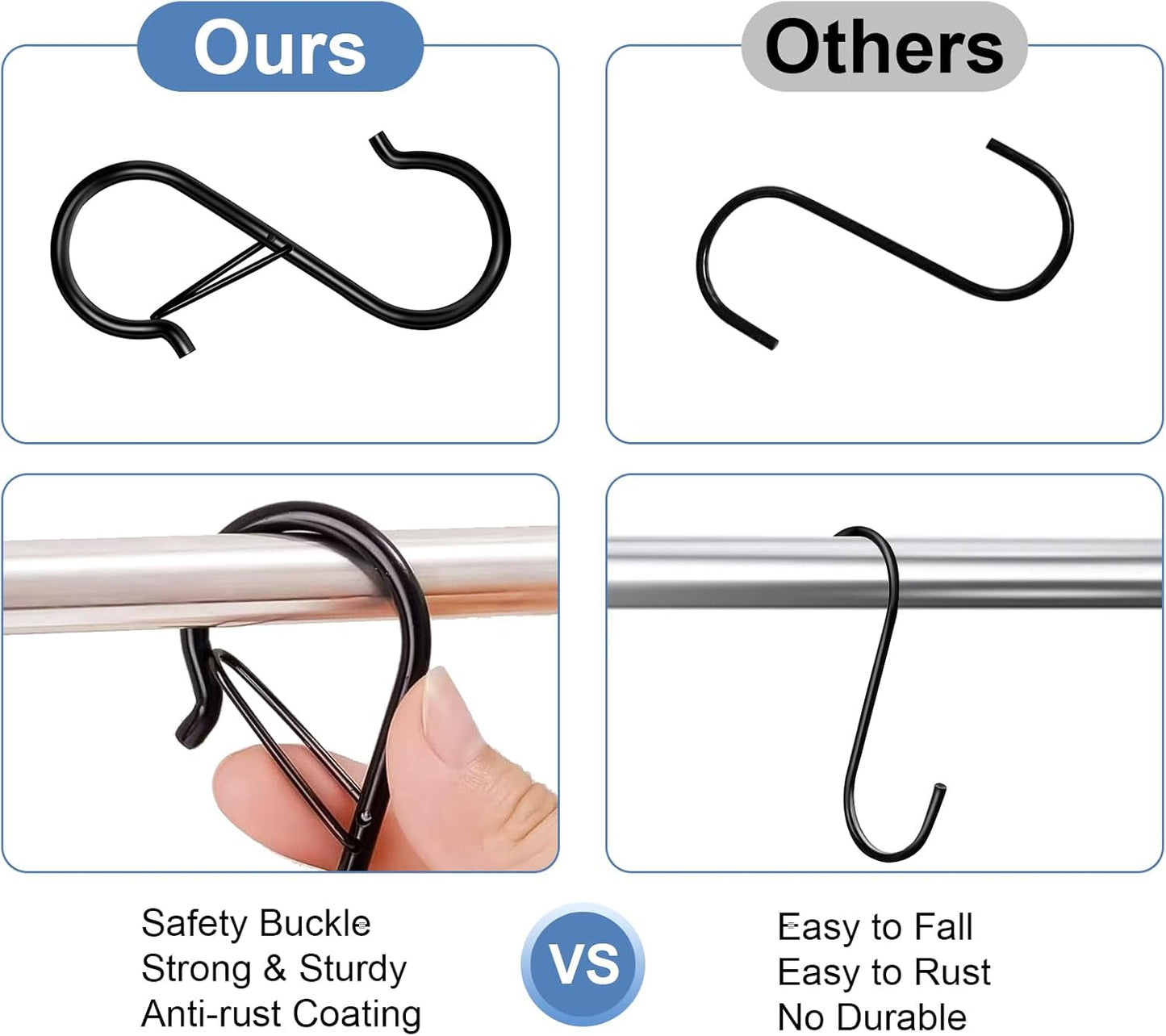 6 Pack S Hooks for Hanging, 3.5 inch Safety Buckle Design Heavy Duty Metal Black S Hooks for Hanging Plants, Pots, Pans, Cups, Clothes, Towels, Bags in Kitchen, Bathroom, Closet, Garden