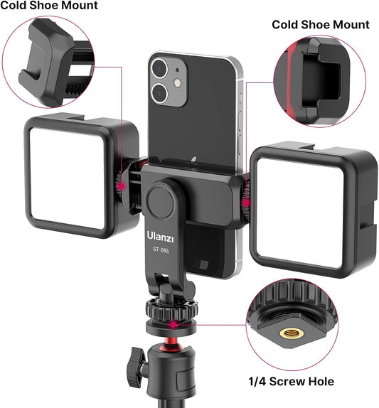 ULANZI Phone Tripod Mount ST-06S, Universal Smartphone Mount Adapter with 2 Cold Shoe, 360° Rotates Adjustable Cell Phone Clip Clamp Holder, Compatible with iPhone17/16/15, Samsung Galaxy Smartphones