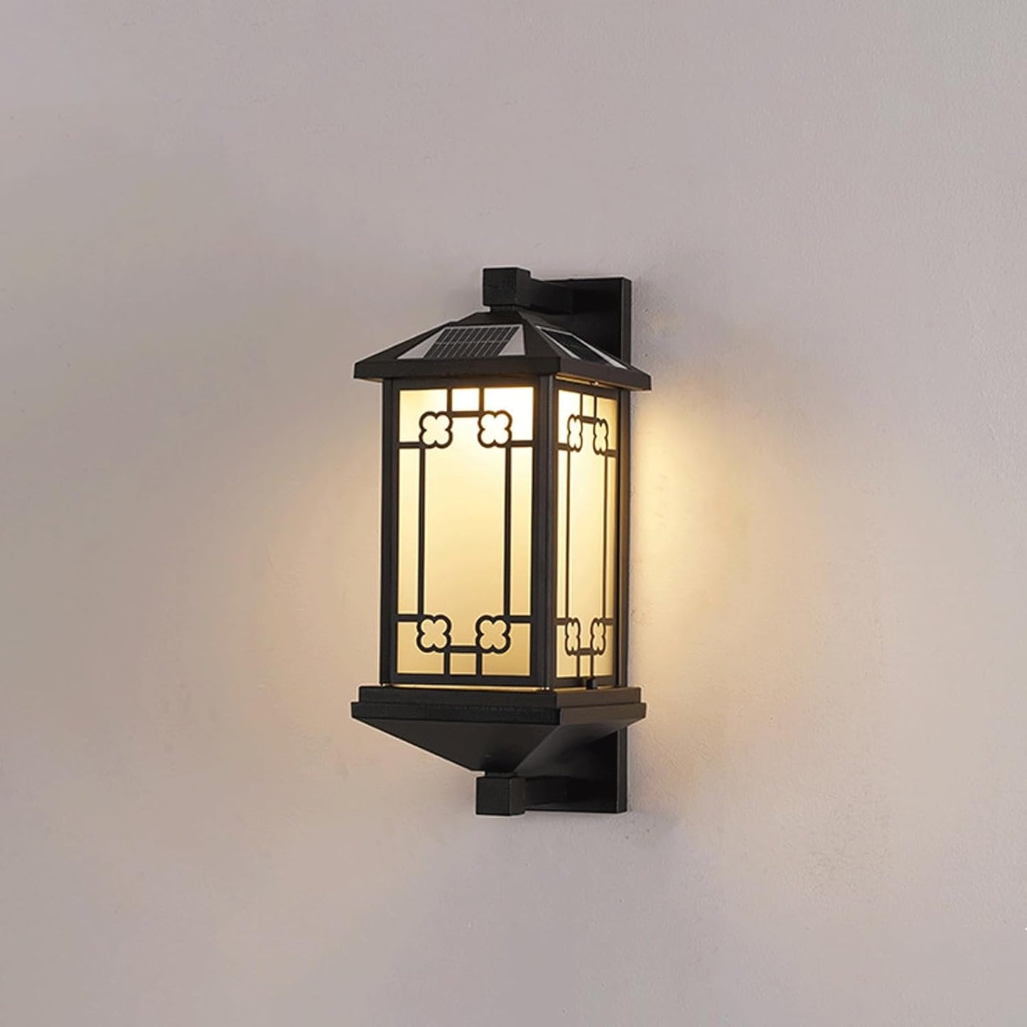 Solar Outdoor Wall Lantern IP65 Waterproof, Black Exterior Sconce Lamp with Auto On/Off, Simple LED Light Fixture, Frosted Tempered Glass Panels for Garden, Courtyard, Patio, Gate, Pathway
