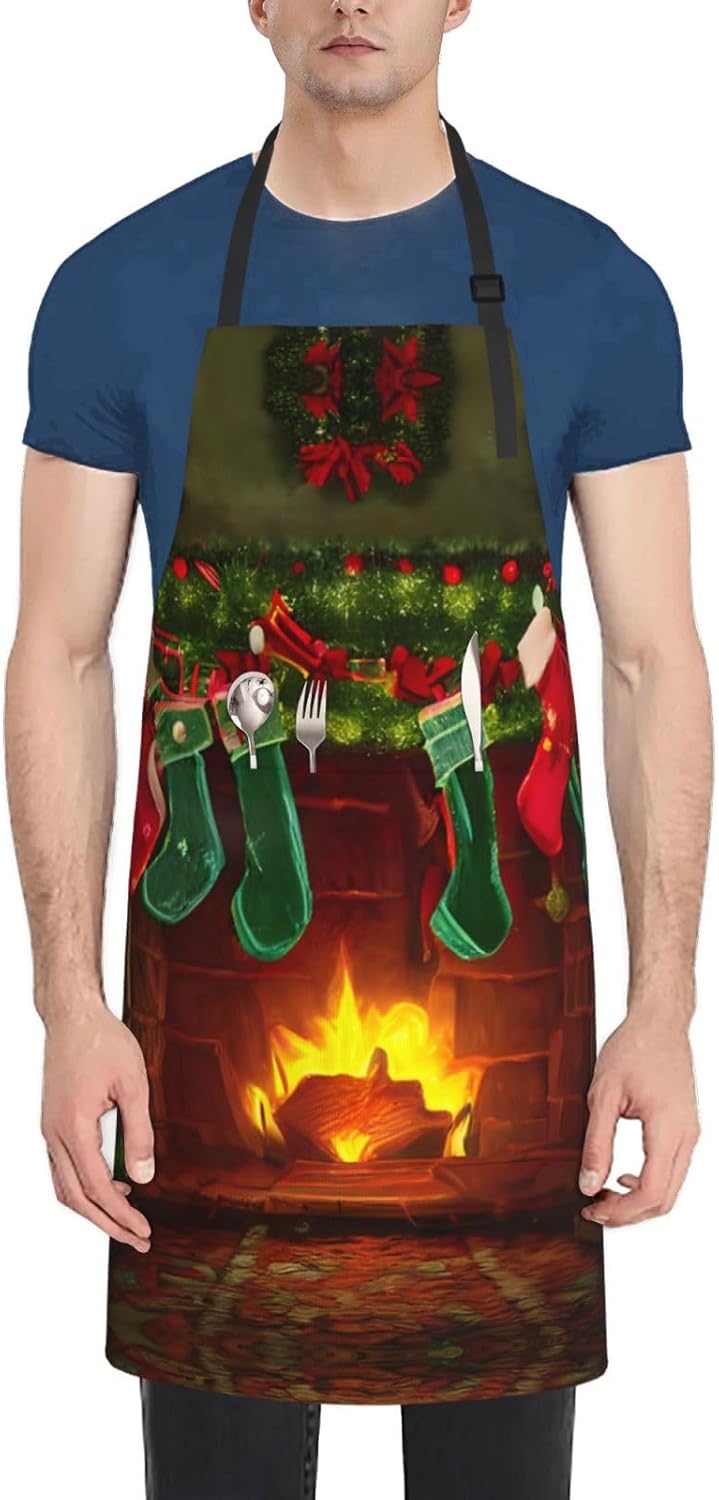 merry christmas print Waterproof chef's apron with pocket apron for kitchen cooking baking barbecue and gardening
