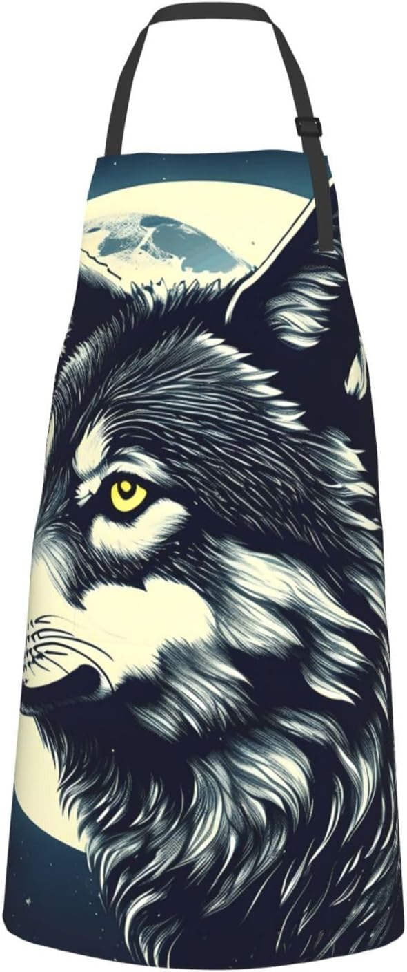 YANYU Wolf Night Moon Print 28x33 In Kitchen Apron Stylish Chef Apron with Pockets for Cooking Baking Painting