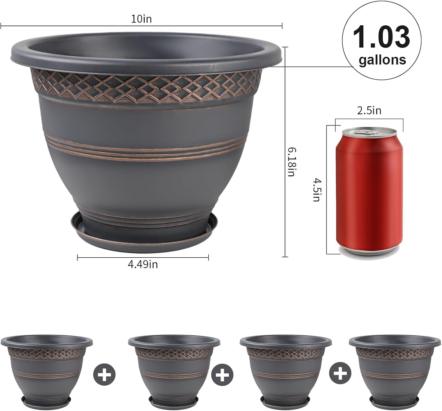 10 Inch 4 Pack Plant Pots, Plastic Flower Pot for Indoor & Outdoor wit