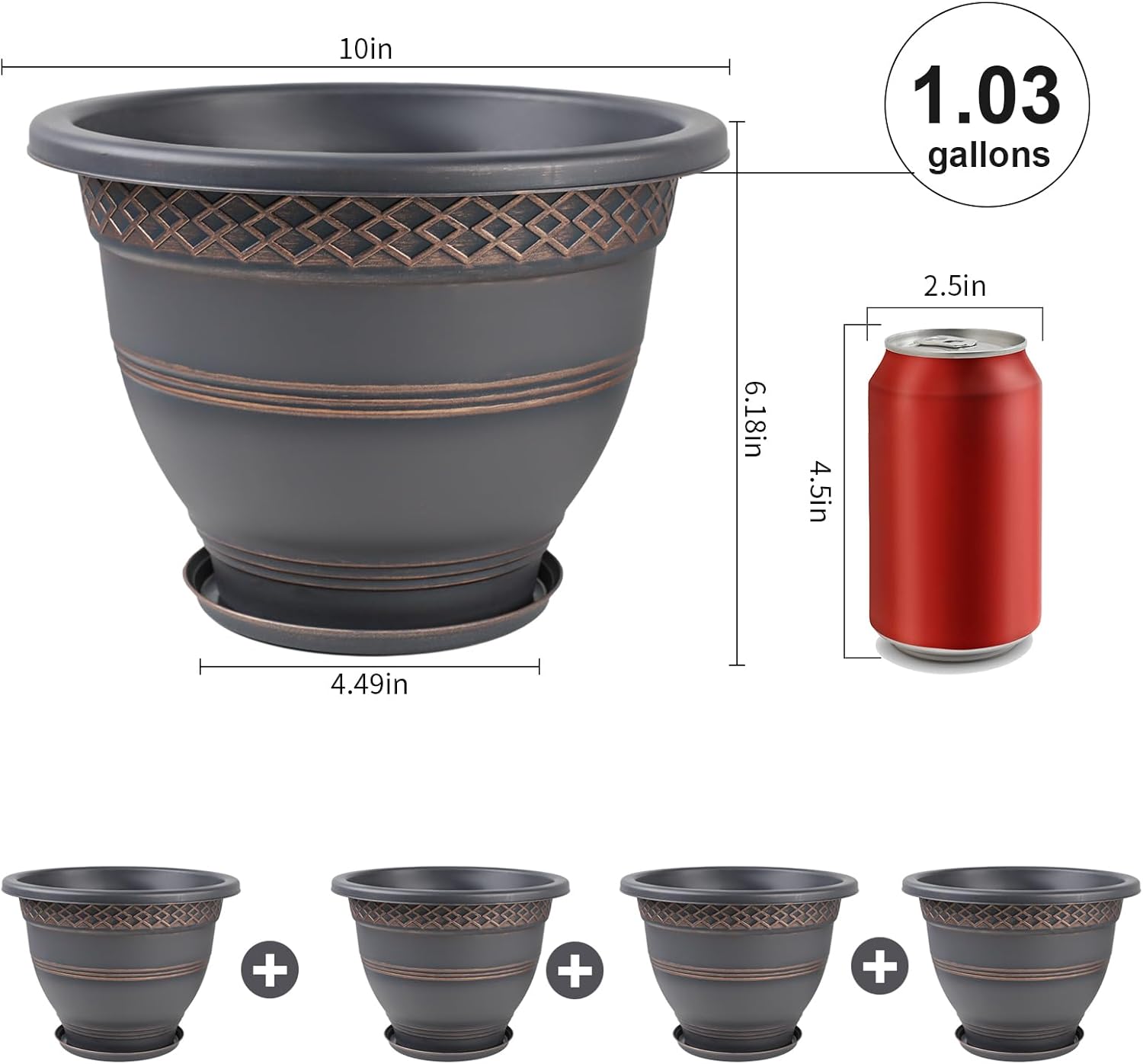 10 Inch 4 Pack Plant Pots, Plastic Flower Pot for Indoor & Outdoor wit