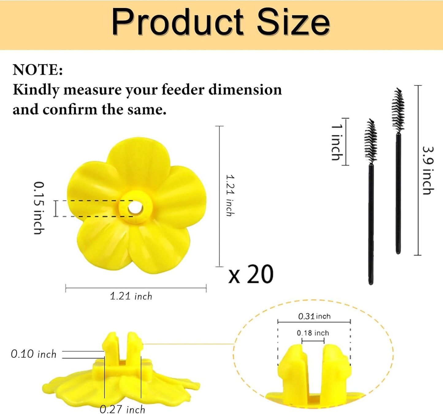 Andiker 20Pcs Hummingbird Feeder Replacement Flowers with Cleaning Brush, Yellow Feeder Parts Replacement for Hanging Feeders