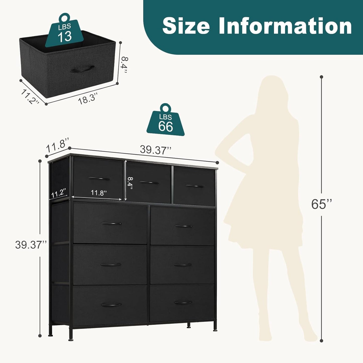 Dresser for Bedroom with 9 Drawers, Anti-Tip Tall Fabric Chests Storag