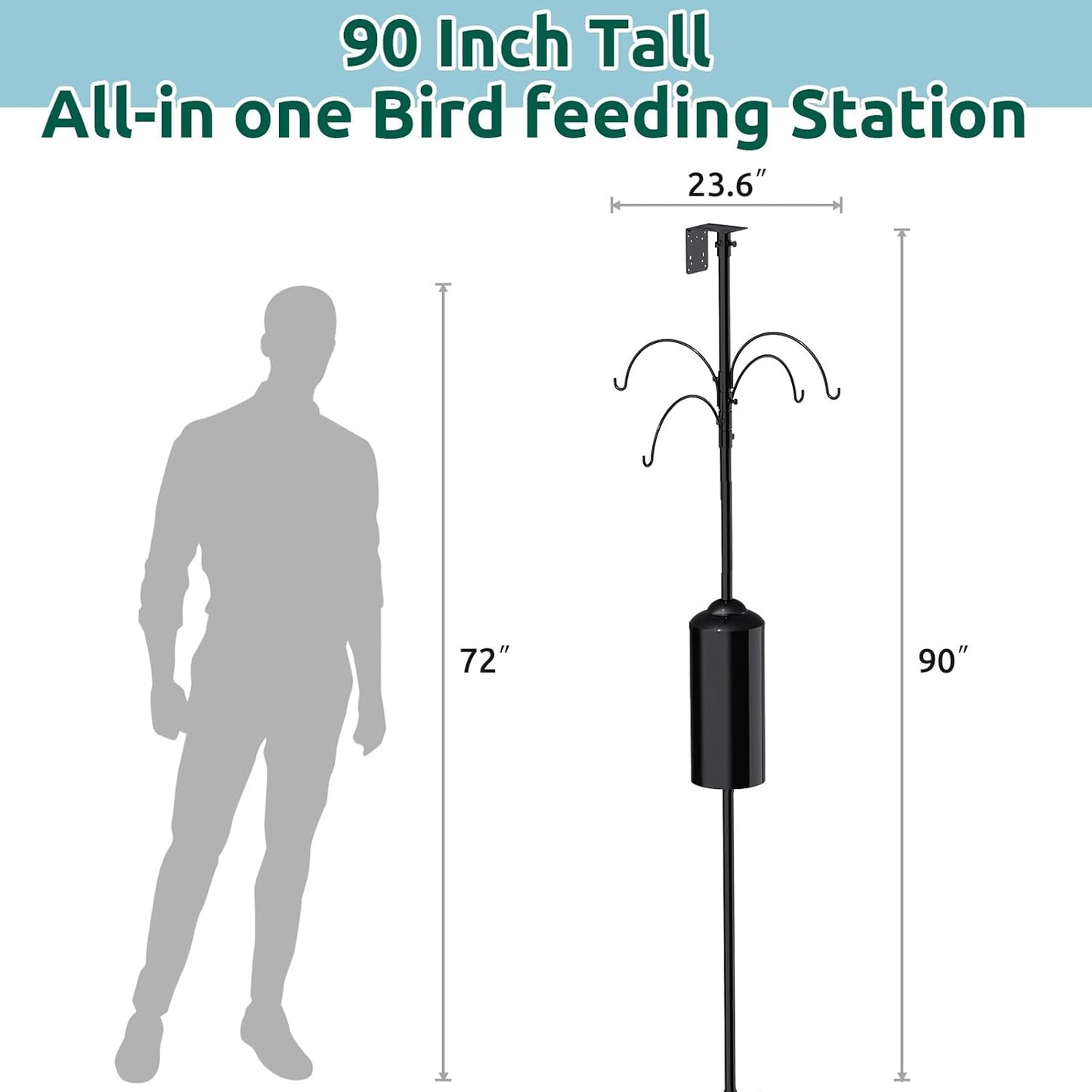 Birdkiss Shepherd Hook Pole for Garden：Adjustable Heavy Duty Outdoor Squirrel Proof Bird Feeder Pole Mount Kit with 5 Prongs Base 90 Inch with 4 Hooks Hanging for Bird Feeder and Birdhouse.