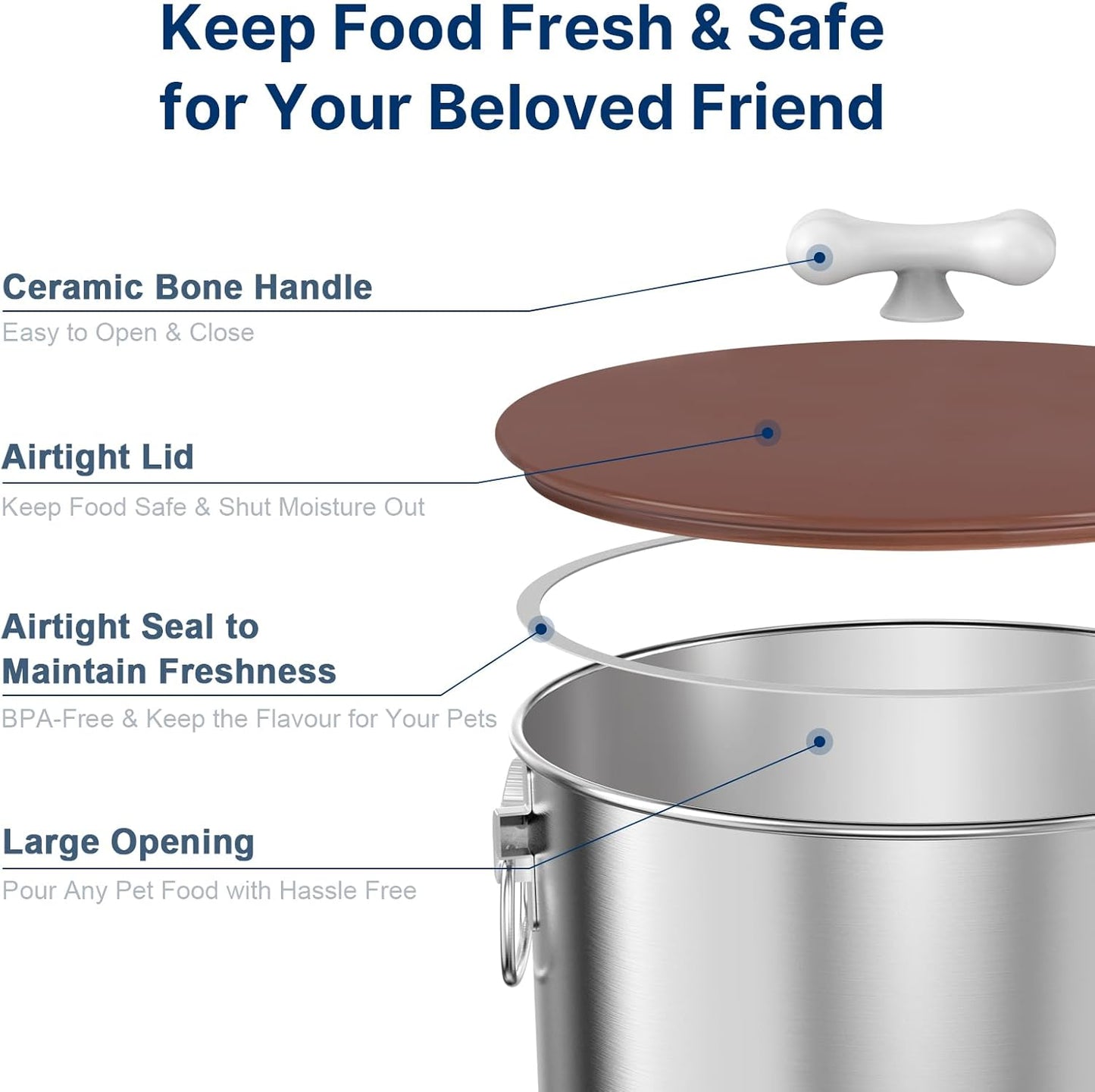 25 Lbs Stainless Steel Dog Food Storage Container with Airtight Lid & Ceramic Bone Handle, Large Metal Dog Food Bin for Dogs & Cats, Keep Fresh, Easy to Clean