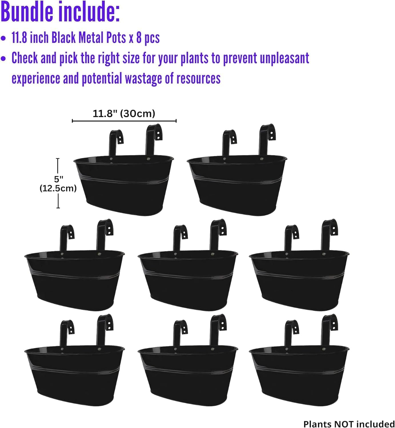 Maxona Metal Iron Hanging Flower Pots, 8 Pack, 11.8 Inch Oval Black Railing Fence Hanging Bucket Pots Countryside Style Window Flower Plant Holder with Detachable Hooks Home Décor