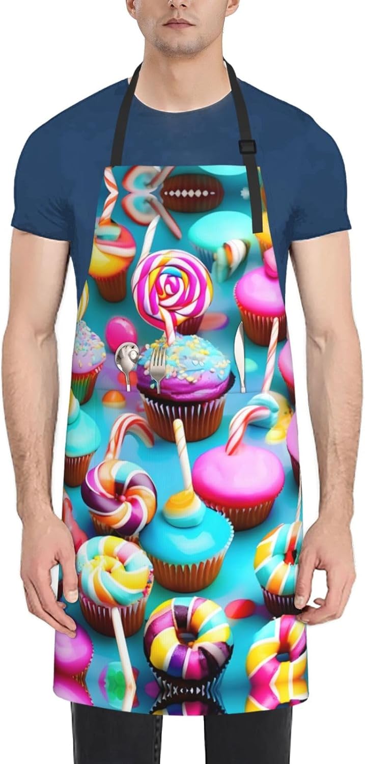 Colorful Sweet Lollipop Cupcake Donut Print Laundry apron 28x33 In Waterproof Kitchen Apron with Pockets for Cooking Baking