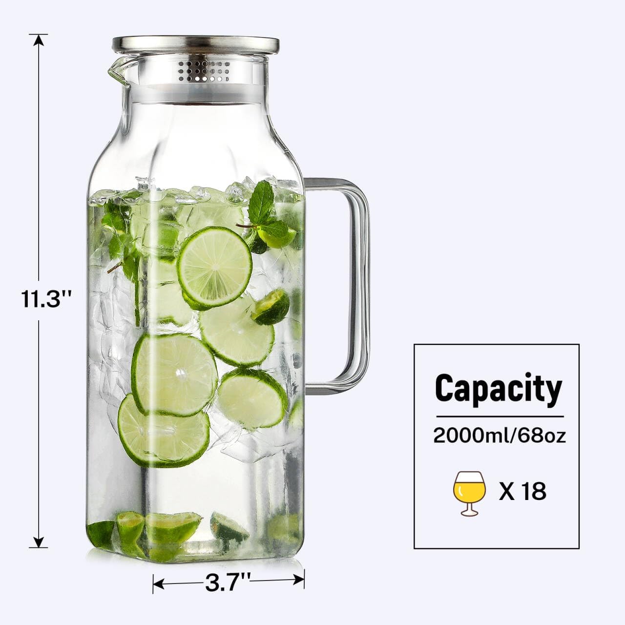 뚜껑과 가 있는 1.9L(2쿼트) 사각 유리 피처, 냉장고용 손잡이가 달린 워터 피처, 뜨겁거나 차가운 음료용 붕규산 유리 카라페, 아이스 티, 커피, 주스, 우유, 음료용 대형 저그