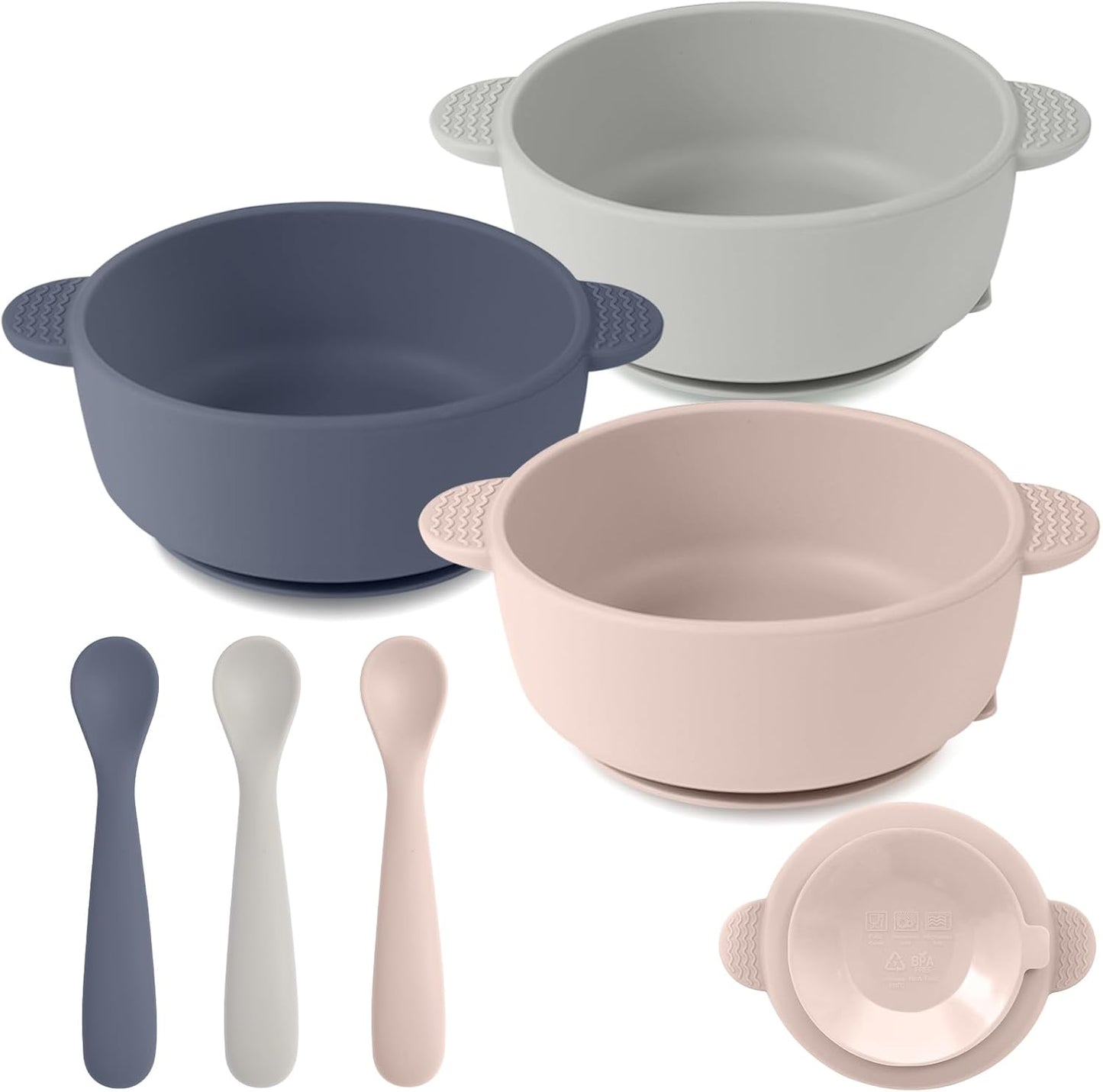 Silicone Baby Feeding Set, 3 Pack Baby Bowls with Suction and 3 Pack B