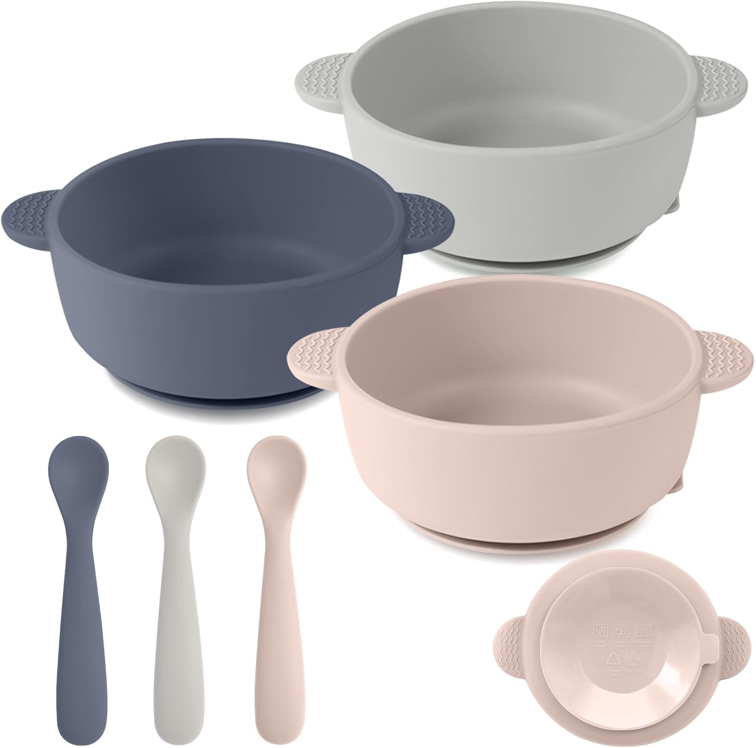 Silicone Baby Feeding Set, 3 Pack Baby Bowls with Suction and 3 Pack B