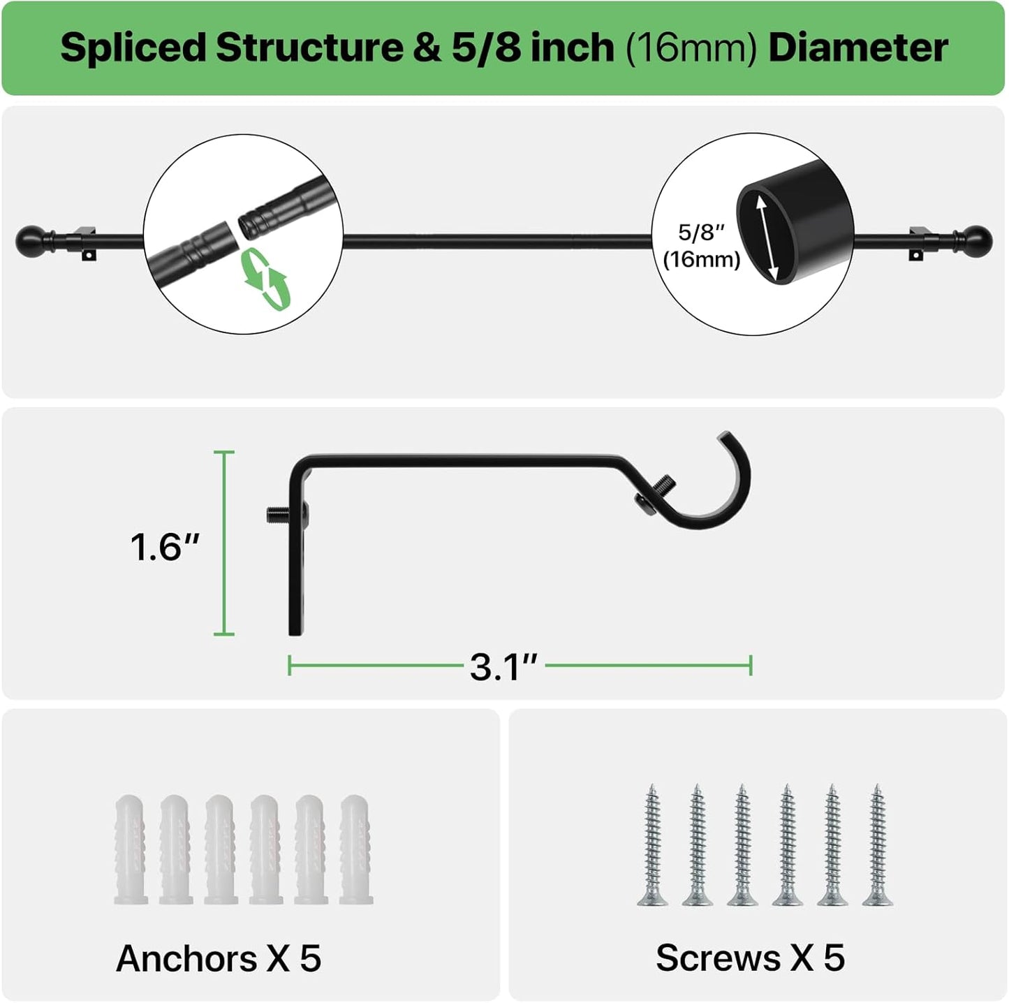 Curtain Rods for Windows 28 to 48 inch, 5/8 inch Black Curtain Rod Set with Brackets, Splicing Adjustable Metal Drapery Rod for Bedroom, Kitchen, Living Room, Matte Black