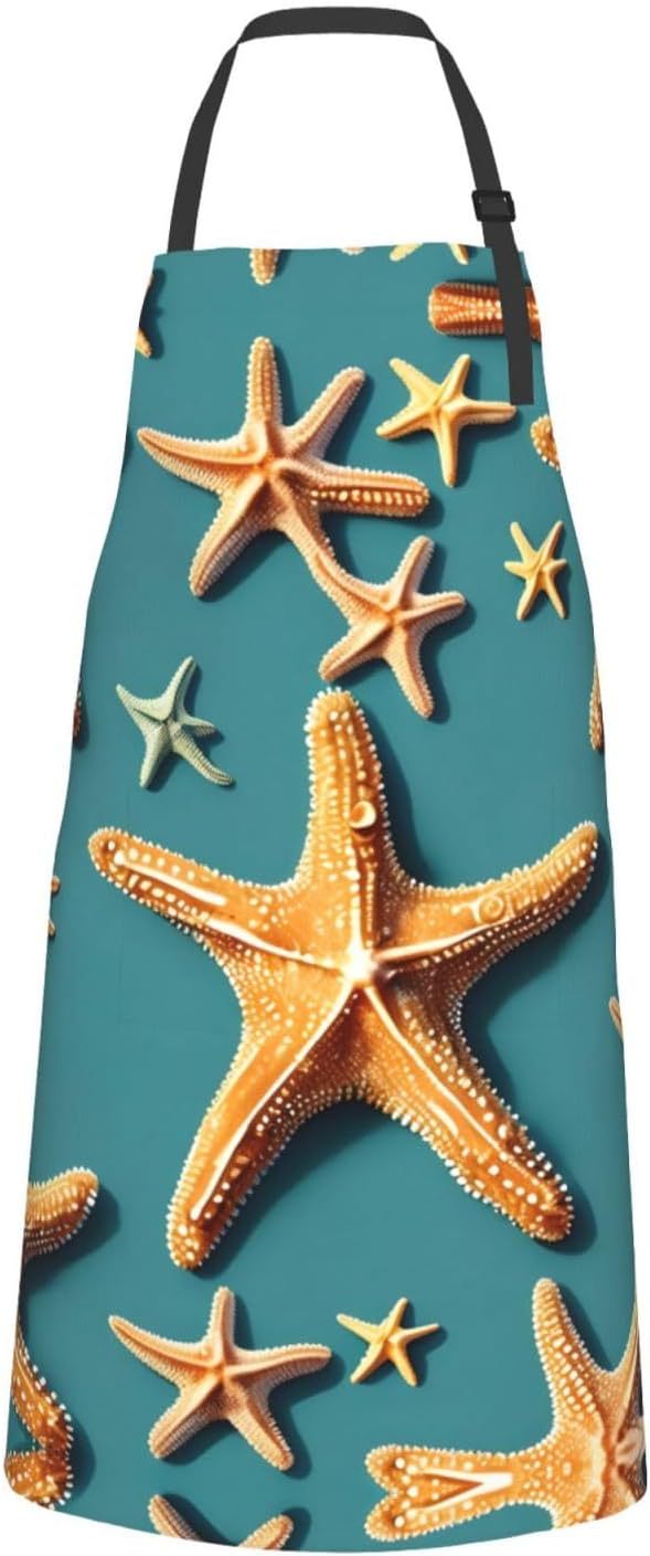 Beach Starfish Print 28x33 In Adult Kitchen Apron with Pockets Versatile Chef Smock for Cooking Baking