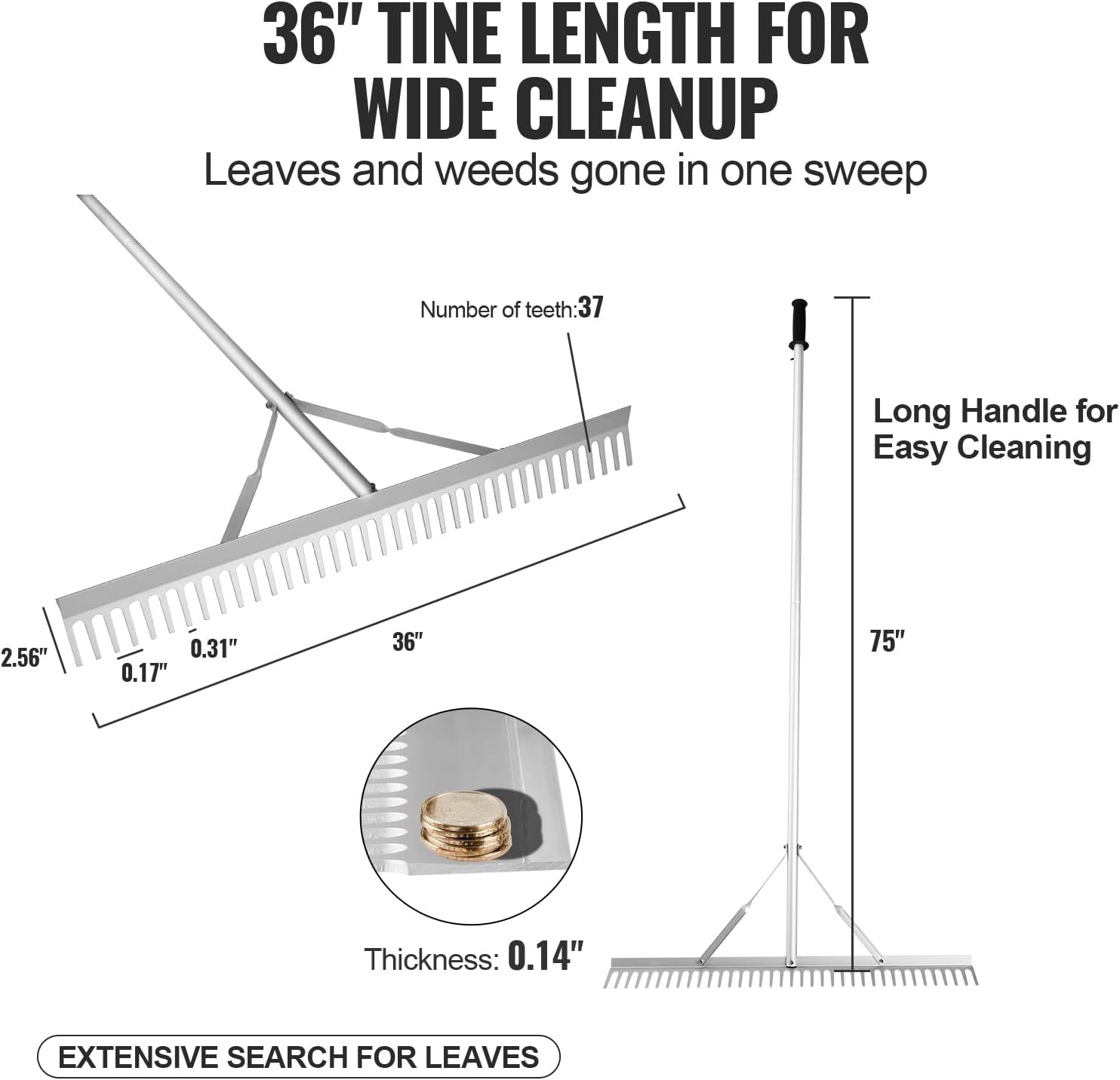 VEVOR Landscape Rake, 36" Head Aluminum Lake Weed Rake with 75" Long H