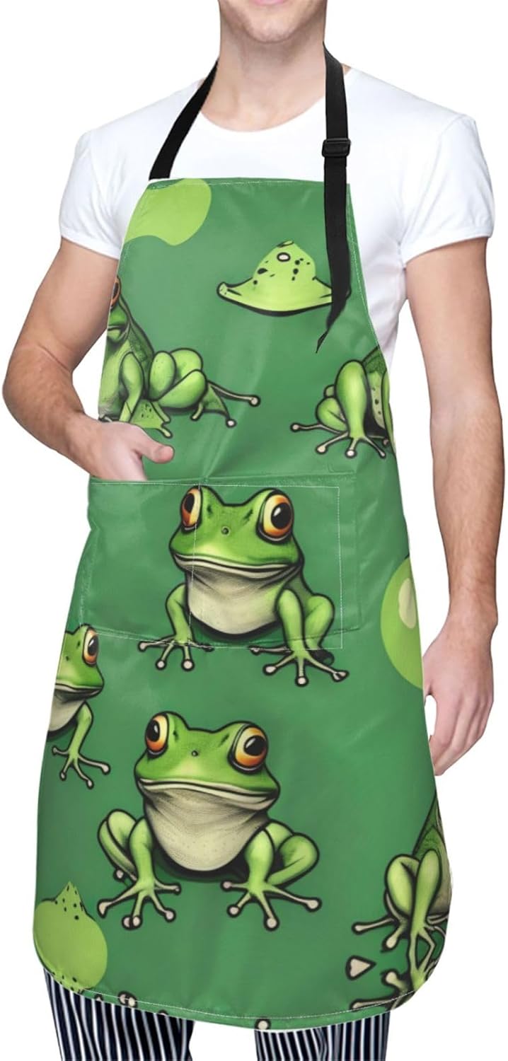 Funny Green Frogs print Waterproof chef's apron with pocket apron for kitchen cooking baking barbecue and gardening