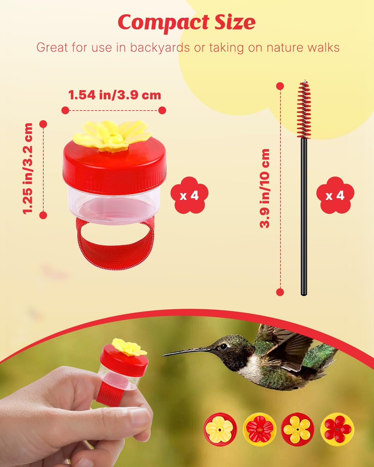 Pawfly 4 Pcs Hand Held Hummingbird Feeders with Cleaning Brushes, Mini Flower Handheld Hummingbird Feeders for Outdoors, Plastic Hummingbird Ring Feeders, Hummingbird Hand Feeders, Wild Bird Feeders